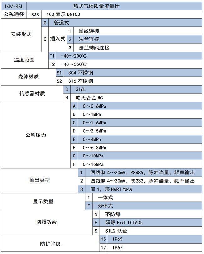 煤氣熱式氣體質量流量計選項表